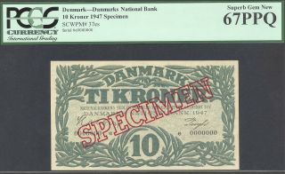 Denmark,  10 Kroner,  P37es,  1947,  Specimen,  Gem Unc,  Pcgs 67ppq,  Rare