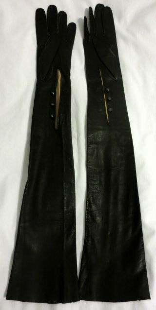 Wear Right Vintage Long Black Kidskin Leather Opera Gloves,  Size 6 1/2,  23 1/4 "