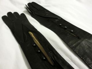 Wear Right Vintage Long Black Kidskin Leather Opera Gloves,  Size 6 1/2,  23 1/4 