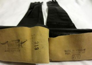 Wear Right Vintage Long Black Kidskin Leather Opera Gloves,  Size 6 1/2,  23 1/4 