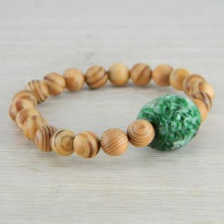 Hand Carved Green Vintage Antique Jadeite Jade Wooden Bead Bracelet Fn - B124
