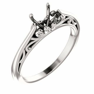 Real 14k White Gold Solitaire Semi Mount Round Filigree Vintage Wedding Ring