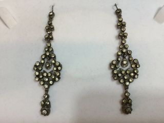 Rare Antique Georgian Silver Foiled Back Black Dot Paste Very Long Drop Earrings