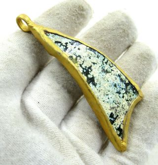 Authentic Ancient Roman Era Glass Fragment Pendant W/ Gilt Silver Trim - J280