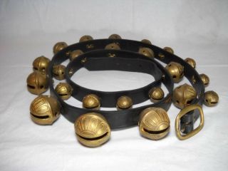 Vintage Antique 23 Brass Embossed Graduated Sleigh Bells On 78 " Leather Belt