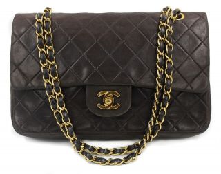 Authentic Chanel Vintage Medium Classic Double Flap Lambskin Brown Bag Handbag