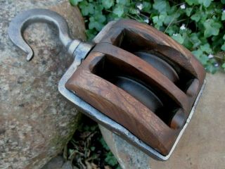 True Vintage Nautical Maritime Wood And Iron Double Pulley Sheave Tackle
