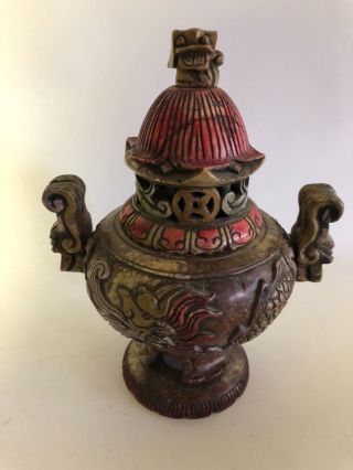 Antique Chinese Hard Stone Carved Incense Burner Censer Dragon Dog