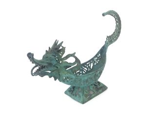 Vintage Thai Bali Asian Bronze Dragon Boat Basket Shape Sculpture