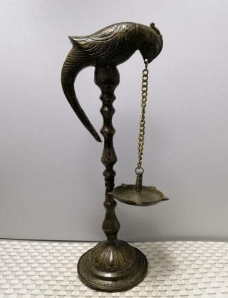 Collect China Antique Bronze Carve Lifelike Bird Noble Delicate Oil Lamp Statue 2