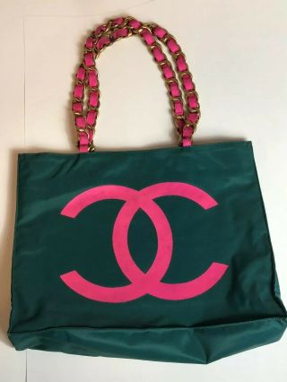 Rare Vtg Chanel Green & Pink Cc Logo Tote Bag 90s