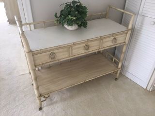 Vintage Allegro Faux Bamboo Fretwork Rolling Bar Cart Server Entry Console Table
