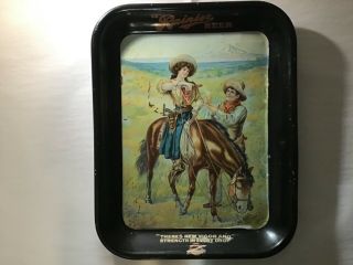 Very Rare Pre - Prohibition Rainier Beer Tray With Cowboy And Cowgirl On Horse