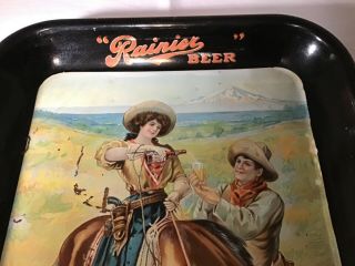Very rare pre - prohibition RAINIER BEER tray with cowboy and cowgirl on horse 2
