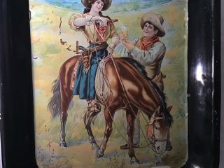 Very rare pre - prohibition RAINIER BEER tray with cowboy and cowgirl on horse 4