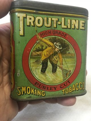Antique 1900s Trout - Line Smoking Tobacco Pocket Tin Great Graphics Rare Piece