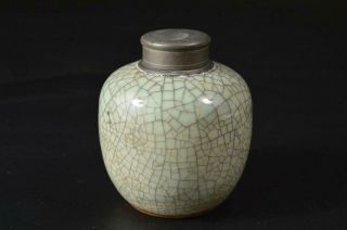 T7281: Japanese Xf Old Kiyomizu - Ware Tin Celadon Tea Caddy Chaire Container