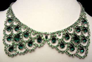 Signed By Robert Vtg Rhodium Plated Green Rhinestone Collar Necklace