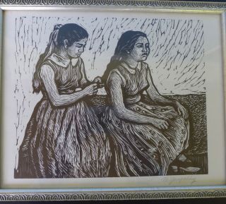 Vintage Mexican framed print of two girls Mariana Yampolsky (1925 - 2002) signed 2