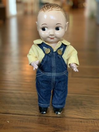Vintage Hard Plastic Buddy Lee Doll Denim Overalls Yellow Plaid Shirt
