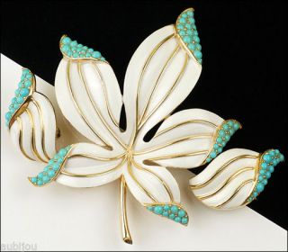 Vtg Trifari Floral White Enamel Faux Turquoise Blue Cabochon Leaf Brooch Pin Set