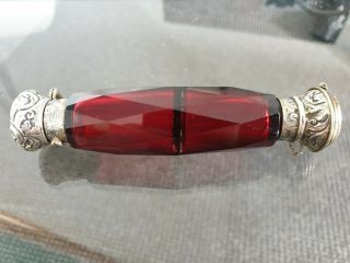 Rare Ruby Glass Cut Double Ended Silver Gilt Large Vinaigrette & Perfume Bottle