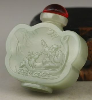 Chinese Natural Hetian Jade Hand - Carved Dragon And Shouxing Snuff Bottle No.  G791