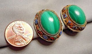 Old Chinese Silver Enameled Filigree & Malachite Cabochon Oval Clip Earrings