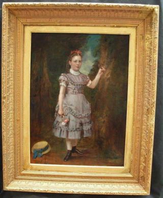 Large Fine 19th Century Portrait Young Girl & Bonnet Antique Oil Painting