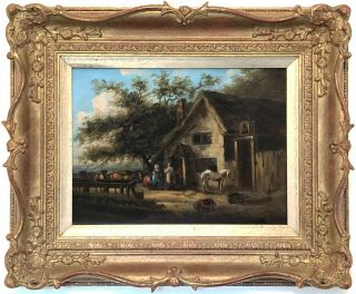 Outside The Bell Inn Antique Oil Painting After George Morland (1763 - 1804)