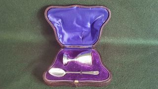 Terrific Cased Sterling Silver Egg Cup & Spoon Set H/m B’ham 1912 & 14 26g