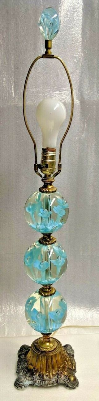Vtg St.  Clair Blue Trumpet Flower Paperweight Art Glass Table Lamp W/finial