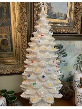 35” Tall Ceramic Christmas Tree Iridescent Cream Colored Vintage Atlantic Mold