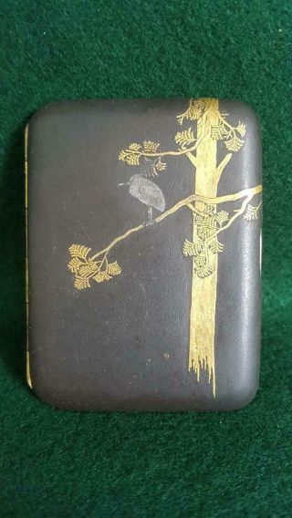 Lovely 1900s Japanese 15kt Gold Inlaid Damascene Cigarette Case Love Bird Scene