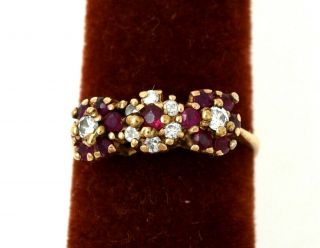 Vintage Ladies 14k Gold Retro Ring Diamond & Ruby Flowers Size 7 ½ Estate Find
