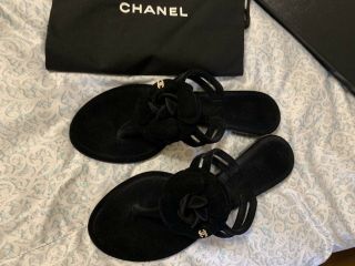 Chanel Rare Black Velvet Camelia Flip Flops Thong Sandals Shoes 38