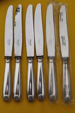 Set Of 6 Christofle Berain Coquille Silver - Plate Table Knives Marot Or Vendome
