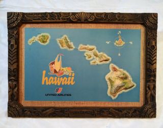 Vintage United Airlines Hawaii 3d Map Tiki Frame 1960 