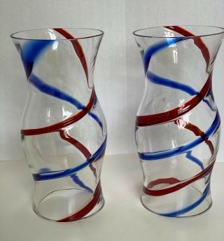 Vtg Pair Murano Red (white) Blue Glass Hurricane Shades July 4th/venini Style