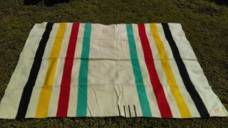 Fabulous Vintage Hudson Bay Wool Blanket Stripe 4 Point - 71 " X 96 " Made England