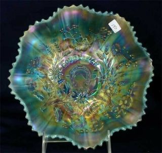 Vintage Carnival Glass Aqua Opal Good Luck Ruffled Bowl Northwood