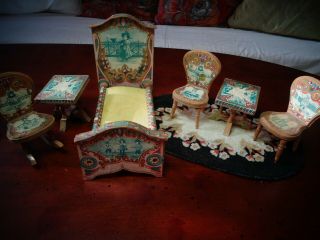 Antique miniature dollhouse bedroom set by R.  Bliss co.  lithographed,  1890 ' s 7