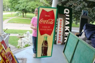 Large Vintage 1960 Coca Cola Fishtail Soda Pop Gas Station 54 " Metal Sign