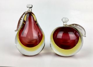 Vintage Italian Murano Sommerso Barbini Art Glass Apple & Pear Bookends