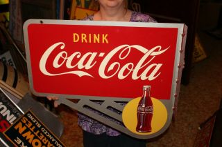 Vintage 1947 Coca Cola Fishtail Soda Pop 2 Sided 24 " Metal Flange Sign