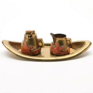 Salvador Terán Mosaic Brass Creamer And Sugar Bowl Set,  Early 20th Century