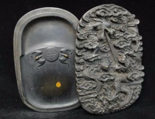 Fine Old Chinese Hand Carving Dragons Ink Stone And Cover Mark
