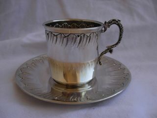 Antique French Sterling Silver Coffee Cup & Saucer,  Late 19th Century