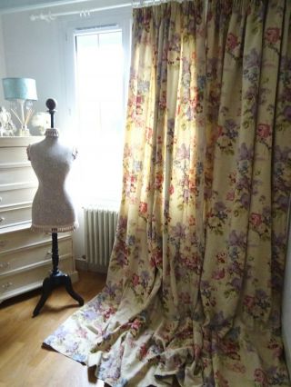 MONKWELL CURTAINS vintage 100 LINEN shabby COTTAGE chic MEADOW florals 3M LONG 6
