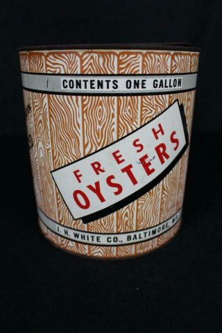 1 Gal Jh White Baltimore Md Wood Grain Tin Litho Oyster Tin Can